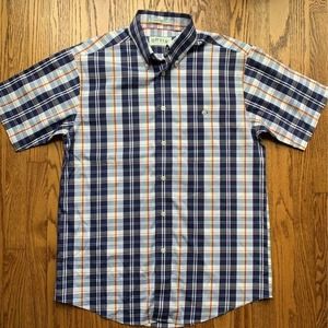 Orvis Mens Button Down Shirt Blue White Plaid Short Sleeve Pocket 100% Cotton M